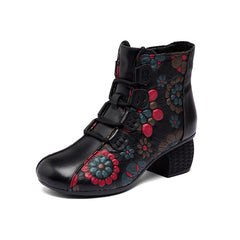 Socofy Top Grain Leather Chunky Heel Short Boots
