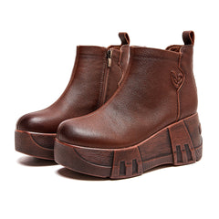 Socofy Top Grain Leather Retro Platform Short Boots