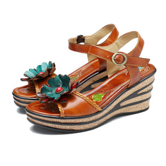 Socofy summer on leather retro three-dimensional flowers casual comfortable sloping sandals