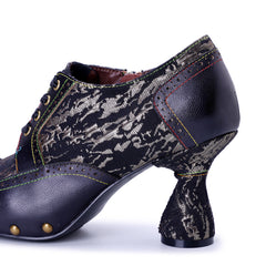Socofy Fall Winter Handmade Leather Patchwork Print Studded High Heel Shoes