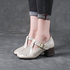 Socofy Vintage Leather Cutout Sandals