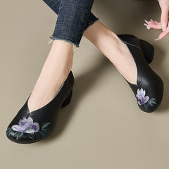 Socofy Leather Embroidered Purple Bloom Mid Heel Shoes