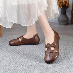 Socofy Vicconfy 2025 Summer Retro Leather Breathable Comfortable Soft Sole Casual Women's Flat Shoes