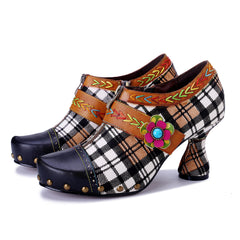 Socofy Retro Plaid Leather Handmade High Heel Shoes