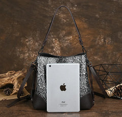 Socofy Retro Embossed Genuine Leather Women Shoulder Bucket Bag Cowhide Handbag Female Large Capacity Crossbody Bags
