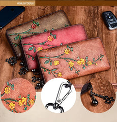 Socofy Vintage Women Genuine Leather Wallets Embossed Long Zipper Wallet Ladies Purse Cards Holder