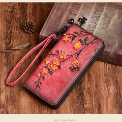 Socofy Vintage Women Genuine Leather Wallets Embossed Long Zipper Wallet Ladies Purse Cards Holder