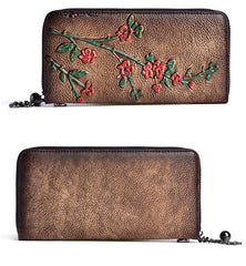 Socofy Vintage Women Genuine Leather Wallets Embossed Long Zipper Wallet Ladies Purse Cards Holder