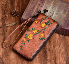 Socofy Vintage Women Genuine Leather Wallets Embossed Long Zipper Wallet Ladies Purse Cards Holder