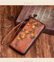 Socofy Vintage Women Genuine Leather Wallets Embossed Long Zipper Wallet Ladies Purse Cards Holder