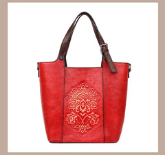 Socofy Vintage Style Luxury Handbags Genuine Cowhide Handmade Embossing Women's Shoulder Bags