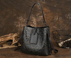 Socofy Retro Embossed Genuine Leather Women Shoulder Bucket Bag Cowhide Handbag Female Large Capacity Crossbody Bags