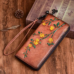 Socofy Vintage Women Genuine Leather Wallets Embossed Long Zipper Wallet Ladies Purse Cards Holder