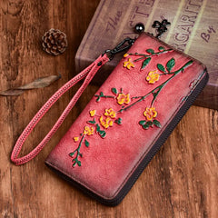 Socofy Vintage Women Genuine Leather Wallets Embossed Long Zipper Wallet Ladies Purse Cards Holder