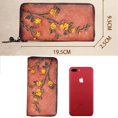 Socofy Vintage Women Genuine Leather Wallets Embossed Long Zipper Wallet Ladies Purse Cards Holder