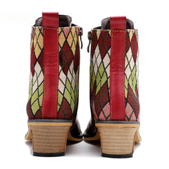 Socofy Vicconfy Genuine Leather Lace Up Cowboy Jacquard Colorblocking Ankle Boots