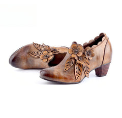 Socofy Genuine Leather Handmade Vintage Fashion Side Zipper High Heels Women's Shoes