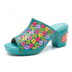 Socofy leather rubbed colour vintage floral casual fashion high heeled sandals