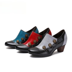Socofy Vicconfy Genuine Leather Ethnic Style Handmade Vintage Literary Buckle Heels