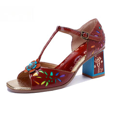 Socofy Crimson Blossom T-Strap Sandals