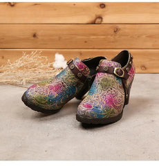 SOCOFY Genuine Leather Slip-On Square heel Round Toe Mixed Colors Heels