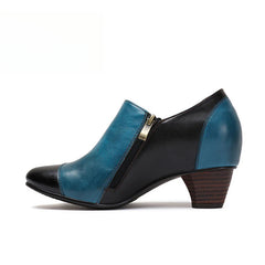 Socofy Vicconfy Genuine Leather Ethnic Style Handmade Vintage Literary Buckle Heels