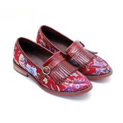 Socofy Handmade Leather Vintage Printed Tassel Flat Loafers Shoes