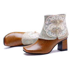 Socofy Timeless Handmade Leather Heeled Short Boots