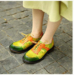 Socofy genuine leather retro printed lace-up casual round toe thick heel women's leather flat shoes