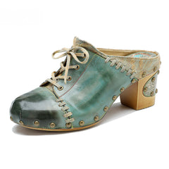 Socofy Leather Retro Street Style Rivet Chunky Heeled High Heels