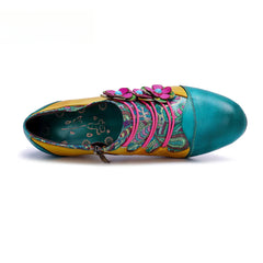 Socofy Leather Genuine Leather Vintage Floral Chunky Heeled Pumps