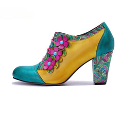 Socofy Leather Genuine Leather Vintage Floral Chunky Heeled Pumps