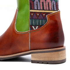 Socofy Vicconfy Genuine Leather Vintage Patchwork Long Warm Boots