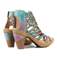 Socofy retro casual ethnic style fish mouth top layer cowhide flower fashion women's sandals