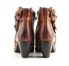 Socofy Genuine Leather Handmade Square Toe Vintage Handmade Flower Boots Woman