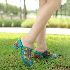 Socofy leather rubbed colour vintage floral casual fashion high heeled sandals