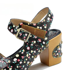 Socofy Leather Vintage Floral American Rustic Heeled Sandals