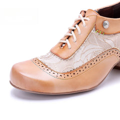 Socofy Genuine leather beige vintage brogue tassel side zipper pumps