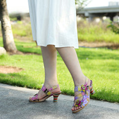 Socofy new summer style genuine leather retro three-dimensional flower rainbow and wine glass sandals for women