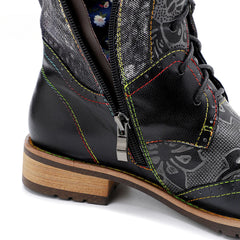 Socofy Vicconfy Genuine Leather Dark Flower Lace Up Flat Boots