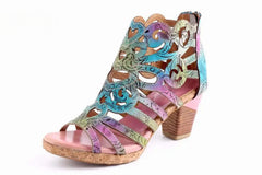 Socofy Genuine Leather Hand-painted Retro Sewing Zip Casual Handmade Sandals