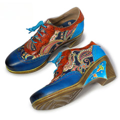 Socofy Vintage Handmade Bohemian Brogue Printed Heels Shoes