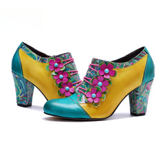 Socofy Leather Genuine Leather Vintage Floral Chunky Heeled Pumps