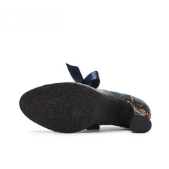Socofy Summer flower blue ethnic style high-heeled ribbon lace-up women's shoes