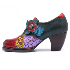 Socofy retro printing splicing ethnic style high heels women's shoes