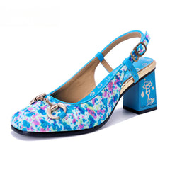 Socofy Handmade Leather Crushed Flower Chunky High Heeled Sandals