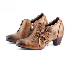 Socofy Genuine Leather Handmade Vintage Fashion Side Zipper High Heels Women's Shoes