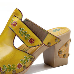 Socofy Spring and summer new spot genuine leather retro floral Baotou comfortable thick heel clogs and sandals