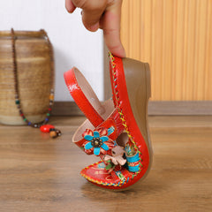 Socofy Vicconfy Genunie Leather Floral Handmade Women's Sandals
