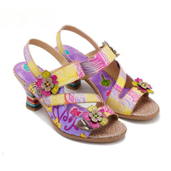 Socofy new summer style genuine leather retro three-dimensional flower rainbow and wine glass sandals for women